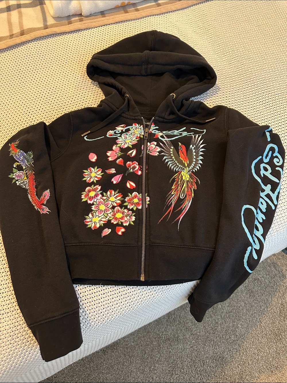 Ed Hardy Black Zip-Up Hoodie with Colorful Floral & Phoenix Embroidery
